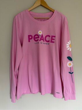 Life Is Good Pink 'Peace' Daisies Long Sleeve Crusher Tee Classic Fit Sz XL